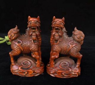 Ancient China Old Boxwood Hand Carve Mighty One Pair Kylin Exorcism Decor Statue
