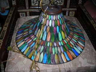 Unique Colorful Vintage/antique Leaded Glass Tiffany Hanging Lamp 10x20 Inches