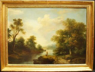 Large Fine C1844 Classical Landscape Fishermen Antique Oil Painting