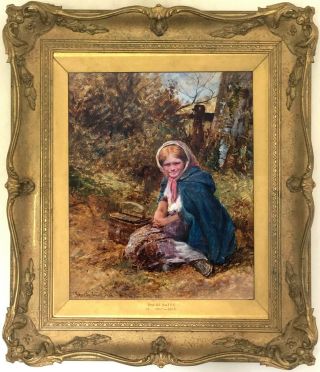 A Rustic Girl Antique Genre Oil Painting By David Bates (british,  1840 - 1921)