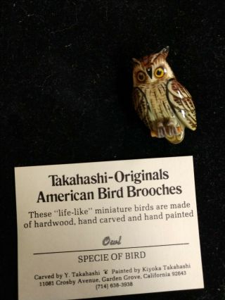 Takahashi Vintage Carved Wood Owl Bird Pin Brooch Lacquer Hand Painted
