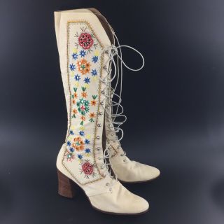 Jerry Edouard Vtg 1960s Lace Up Embroidered Boots Sz 9 Penny Lane Almost Famous