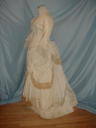 Antique Wedding Dress 1880 Ivory Silk Bustle Wedding Gown Silk Trim