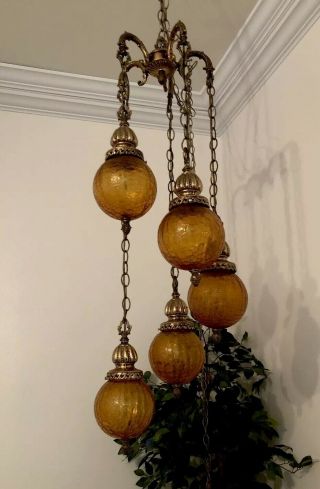 Vintage Mcm Mid Century Retro Gold 5 Light Crackle Glass Hanging Swag Lamp