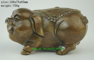 China Folk Fengshui Brass Cute Zodiac Year Pig Coin Animal Statue Sculpture D02