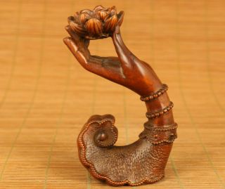 Chinese Old Boxwood Hand Carving Kwan - Yin Lotus Hand Statue Table Home Decoratio