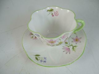 Vintage Shelley Fine Bone China England Pink Blue Flower Teacup & Saucer Set