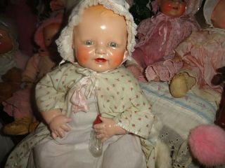 Antique Composition Baby Doll Dimples Eih Horsman 22 W/gown,  Glass Baby Bottle