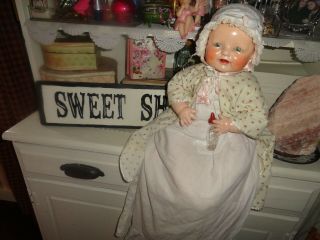 antique composition baby doll dimples eih horsman 22 w/gown,  glass baby bottle 2