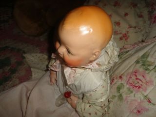 antique composition baby doll dimples eih horsman 22 w/gown,  glass baby bottle 5