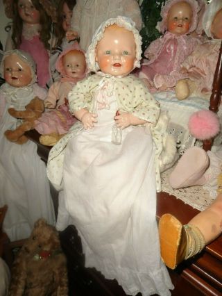 antique composition baby doll dimples eih horsman 22 w/gown,  glass baby bottle 6