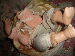 antique composition baby doll dimples eih horsman 22 w/gown,  glass baby bottle 7