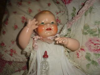 antique composition baby doll dimples eih horsman 22 w/gown,  glass baby bottle 8