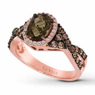 Levian 14k Rose Gold 5/8 Ct Chocolate & White Diamond & Choc Quartz Ring Size 7