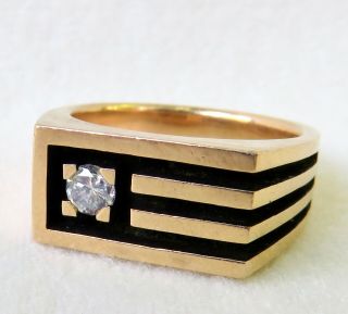 MENS VINTAGE 1940 ' S ART DECO MACHINE AGE HEAVY 14K GOLD & ENAMEL DIAMOND RING 2