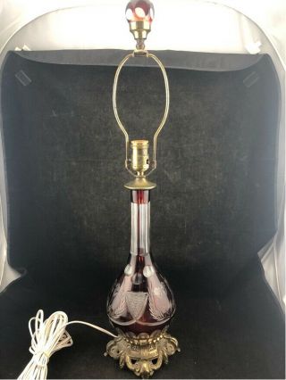 Antique Bohemian Czech Ruby Cranberry Red Cut To Clear Lamp And Finial 27 "