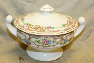 Ivory & Floral Design Double - Handled Footed Sugar Bowl With Lid