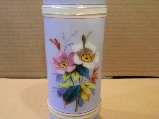 Soft Blue Bristol Glass Vase Hand Painted Flowers Gold Trim Antique