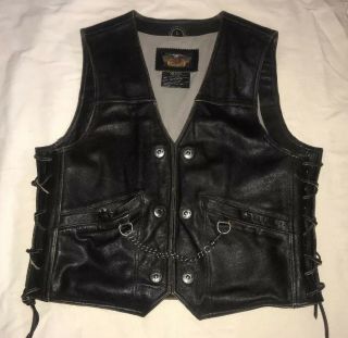 Vintage Mens Harley Davidson Black Leather Vest Panhead Embossed Eagle Sz Large