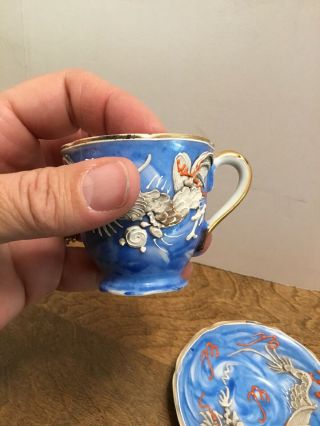 Occupied Japan Hand Painted Embossed Dragon Tea Cup and Saucer Blue Gold Mini 6