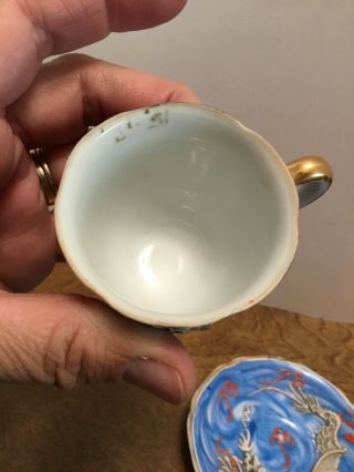 Occupied Japan Hand Painted Embossed Dragon Tea Cup and Saucer Blue Gold Mini 7