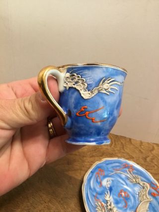Occupied Japan Hand Painted Embossed Dragon Tea Cup and Saucer Blue Gold Mini 8