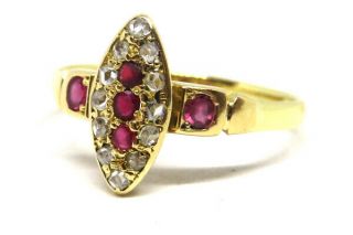 18ct Yellow Gold Victorian / Edwardian Ruby And Diamond Marquise Ring Size P