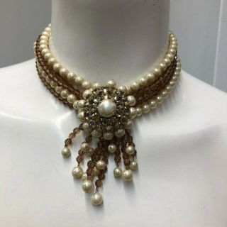 Vintage Christian Dior Necklace Choker 1959 Germany Pearls And Crystals