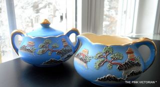 Charming Vintage Signed Japan Hand Painted Scene Blue Sugar Bowl And Creamer