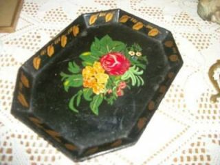 30s Chic Shabby Hp Roses Tole Tip Tray Gold Leaf Border Cottage