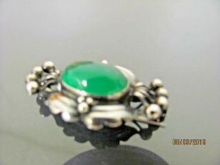 Vintage Signed Georg Jensen Denmark Sterling Silver Brooch with Green Cabochon 2