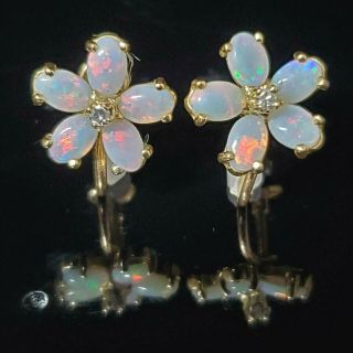 Vintage Diamond Opal 14k Yellow Gold Non - Pierced Earrings Floral Daisy Estate