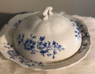 Antique Severn Crescent Pottery Covered Cheese Butter Dish 1898 Flow Blue Floral