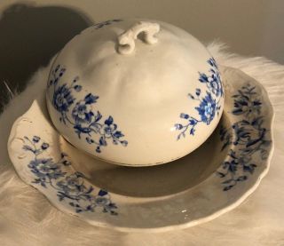 Antique Severn Crescent Pottery Covered Cheese Butter Dish 1898 Flow Blue Floral 2