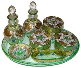 Antique Bohemian Moser Heavy Enamel Uranium Glass Dresser Vanity Set