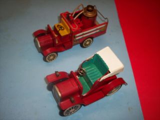 Vintage Japan Tin Friction Red 6 Inch Car And 7 Inch Fire Truck Very Good