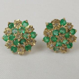 Stunning Vintage 9ct Gold Diamond & Emerald Cluster Earrings