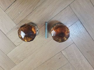 Antique Very Pretty Amber Faceted Glass Door Drawer Cupboard Knob Pair.