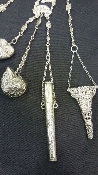 ENGLISH HALLMARKS ANTIQUE STERLING SILVER CHATELAINE CHAIN 5 TOOLS 2