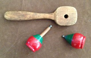 Two Vintage Wooden Spinning Tops With Holder / Toy