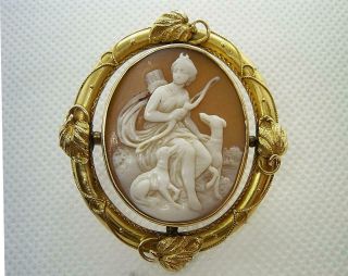 Antique Victorian 15ct Gold Shell Cameo Brooch Diana With Her Dogs.