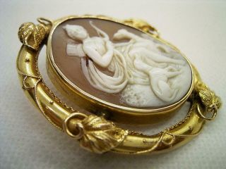 ANTIQUE VICTORIAN 15CT GOLD SHELL CAMEO BROOCH DIANA WITH HER DOGS. 5