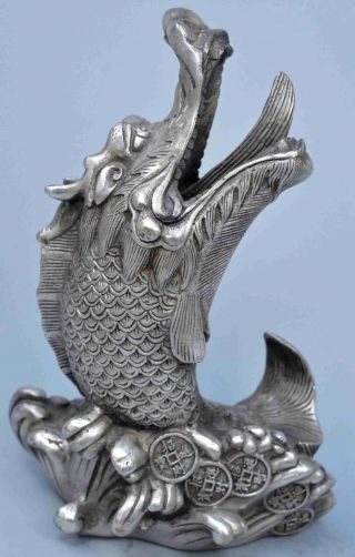 Collectable Old Royal Miao Silver Carve Exorcism Dragon Fish Jump Wave Statue