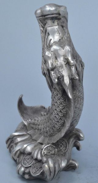 Collectable Old Royal Miao Silver Carve Exorcism Dragon Fish Jump Wave Statue 4