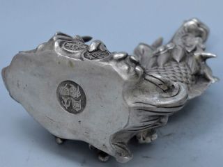 Collectable Old Royal Miao Silver Carve Exorcism Dragon Fish Jump Wave Statue 5