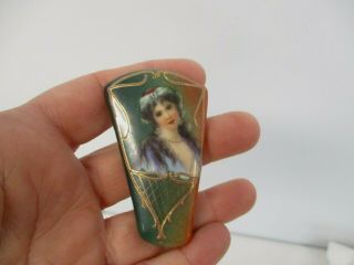 Antique Hand Painted Porcelain Triangular Medallion With Lovely Lady 2 3/8 "