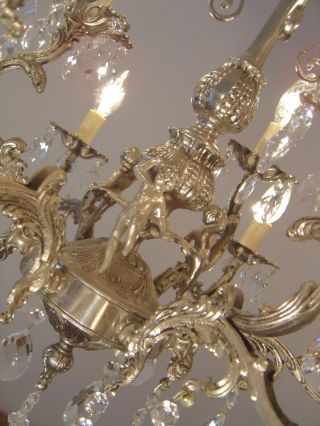 SILVER OLD CHERUBS NICKEL CRYSTAL CHANDELIER LAMP CEILING LAMP ANTIQUE FRENCH 6
