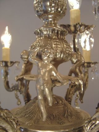 SILVER OLD CHERUBS NICKEL CRYSTAL CHANDELIER LAMP CEILING LAMP ANTIQUE FRENCH 7