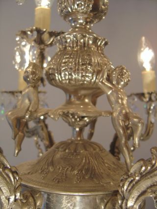 SILVER OLD CHERUBS NICKEL CRYSTAL CHANDELIER LAMP CEILING LAMP ANTIQUE FRENCH 9