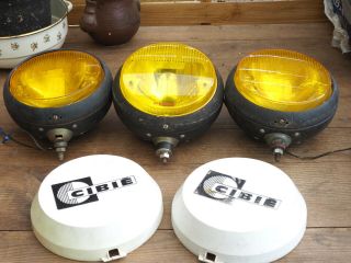 Rare Cibie Bi Oscar Yellow Fog Spot Lights Vintage French Set Of 3 With 2 Covers